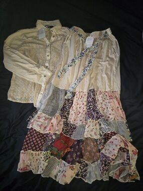 YOUNG THREADS Set Boho Patchwork Wide Leg SET Top And Bottoms in Beige and Multi